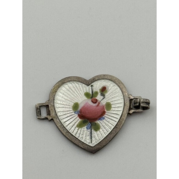 Vintage Sterling Silver Enamel Rose Flower Heart Link Piece For Parts Repair - Picture 3 of 7